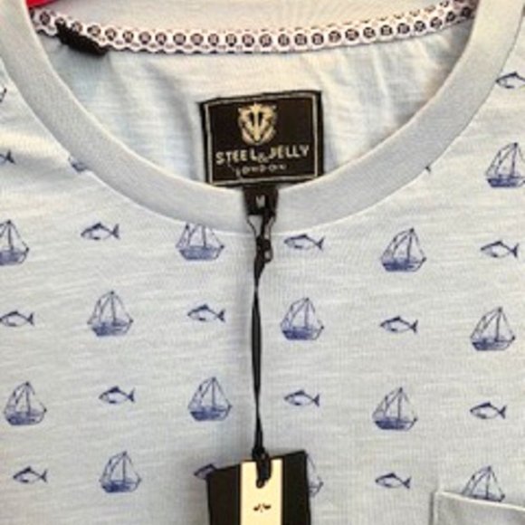 NWT Steel & Jelly London Fish & Sea Sailboat Print Blue Cotton T-Shirt Sz: M - Picture 3 of 4